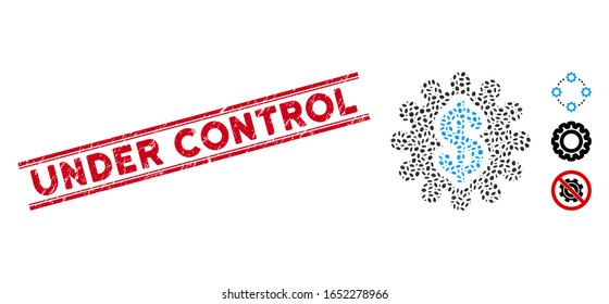 Distressed red stamp seal with Under Control phrase between double parallel lines, and mosaic financial options gear icon.