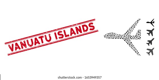 Distressed red stamp seal with Vanuatu Islands text between double parallel lines, and mosaic uav icon. Mosaic vector is formed with uav pictogram and with random oval elements.