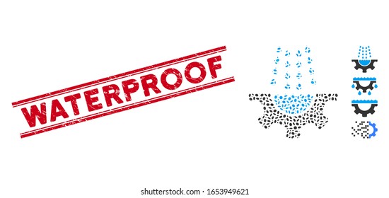 Distressed red stamp seal with Waterproof caption between double parallel lines, and mosaic water shower service gear icon.