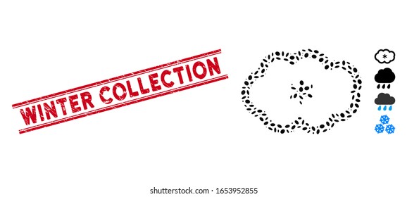Distressed red stamp seal with Winter Collection phrase between double parallel lines, and mosaic snowing icon. Mosaic vector is formed with snowing icon and with random oval elements.