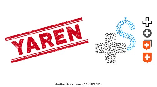 Distressed red stamp seal with Yaren phrase between double parallel lines, and mosaic add dollar icon. Mosaic vector is composed with add dollar pictogram and with randomized ellipse items.