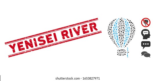 Distressed red stamp seal with Yenisei River text inside double parallel lines, and mosaic aerostat balloon icon. Mosaic vector is designed with aerostat balloon icon and with random oval items.
