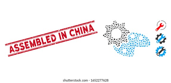 Distressed red stamp watermark with Assembled in China phrase inside double parallel lines, and mosaic configure palette icon.