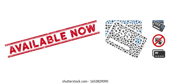 Distressed red stamp watermark with Available Now caption inside double parallel lines, and mosaic credit cards icon. Mosaic vector is composed with credit cards icon and with random oval spots.