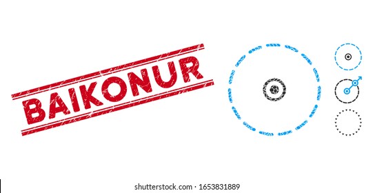 Distressed red stamp watermark with Baikonur phrase between double parallel lines, and mosaic circle area icon. Mosaic vector is created with circle area icon and with scattered elliptic spots.