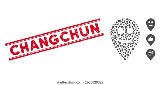 Distressed red stamp watermark with Changchun caption inside double parallel lines, and mosaic happy map marker icon. Mosaic vector is formed with happy map marker icon and with random oval elements.