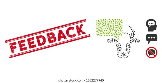 Distressed red stamp watermark with Feedback text between double parallel lines, and mosaic cow opinion icon. Mosaic vector is created with cow opinion icon and with randomized elliptic spots.