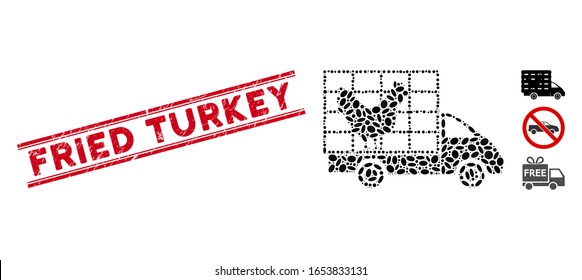 Distressed red stamp watermark with Fried Turkey caption between double parallel lines, and mosaic chicken wagon icon.