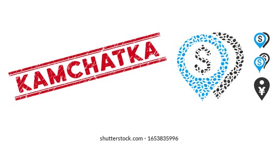 Distressed red stamp watermark with Kamchatka phrase between double parallel lines, and mosaic dollar bank markers icon.