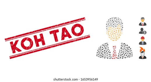 Distressed red stamp watermark with Koh Tao phrase between double parallel lines, and mosaic businessman icon. Mosaic vector is designed with businessman icon and with scattered oval spots.