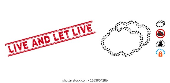 Distressed red stamp watermark with Live and Let Live caption between double parallel lines, and mosaic clouds icon. Mosaic vector is composed from clouds icon and with scattered oval spots.