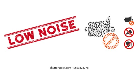 Distressed red stamp watermark with Low Noise caption between double parallel lines, and mosaic mute icon. Mosaic vector is created with mute icon and with random oval items.
