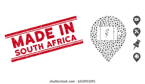 Distressed red stamp watermark with Made in South Africa caption between double parallel lines, and collage electric engine marker icon.