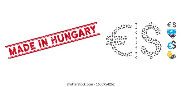 Distressed red stamp watermark with Made in Hungary phrase between double parallel lines, and mosaic currency icon. Mosaic vector is composed with currency icon and with scattered ellipse elements.