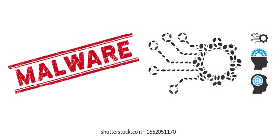 Distressed red stamp watermark with Malware caption inside double parallel lines, and mosaic smart gear icon. Mosaic vector is created with smart gear icon and with randomized elliptic elements.