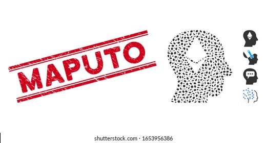 Distressed red stamp watermark with Maputo caption inside double parallel lines, and mosaic Ethereum thinking head icon.