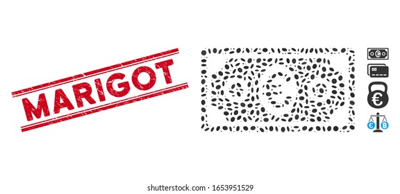 Distressed red stamp watermark with Marigot text inside double parallel lines, and mosaic Euro banknote icon. Mosaic vector is created with Euro banknote icon and with random elliptic items.
