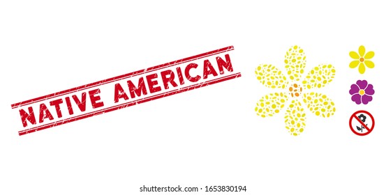 Distressed red stamp watermark with Native American phrase between double parallel lines, and mosaic flower icon. Mosaic vector is formed with flower icon and with randomized oval spots.