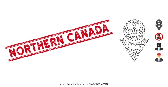 Distressed red stamp watermark with Northern Canada caption inside double parallel lines, and mosaic happy waiter icon. Mosaic vector is created with happy waiter icon and with random elliptic items.