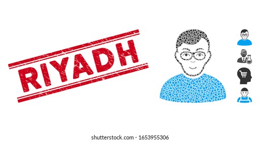Marca de agua de sello rojo con texto de Riad entre líneas paralelas dobles y icono del hombre nerd del mosaico. El vector mosaico se forma con un icono de hombre nerd y con elementos elípticos dispersos.