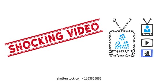 Distressed red stamp watermark with Shocking Video phrase between double parallel lines, and mosaic television icon. Mosaic vector is designed with television icon and with randomized oval items.