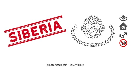 Distressed red stamp watermark with Siberia phrase inside double parallel lines, and mosaic baby environment icon. Mosaic vector is created with baby environment icon and with random ellipse elements.