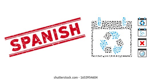 Distressed red stamp watermark with Spanish caption inside double parallel lines, and mosaic recycle calendar day icon.