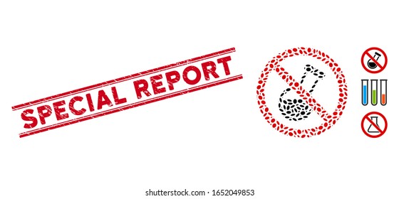 Distressed red stamp watermark with Special Report caption between double parallel lines, and mosaic no chemical analysis icon.
