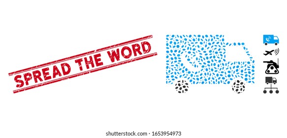 Distressed red stamp watermark with Spread the Word caption inside double parallel lines, and mosaic remote control van icon.