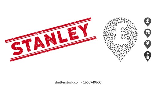 Distressed red stamp watermark with Stanley text inside double parallel lines, and mosaic Pound Sterling marker icon.