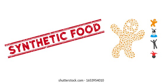 Distressed red stamp watermark with Synthetic Food phrase between double parallel lines, and mosaic happy cookie man icon.