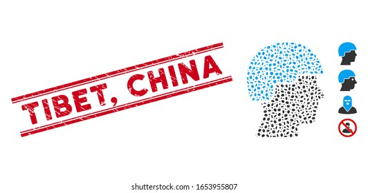 Distressed red stamp watermark with Tibet, China text between double parallel lines, and mosaic soldier head icon. Mosaic vector is created with soldier head icon and with scattered elliptic elements.