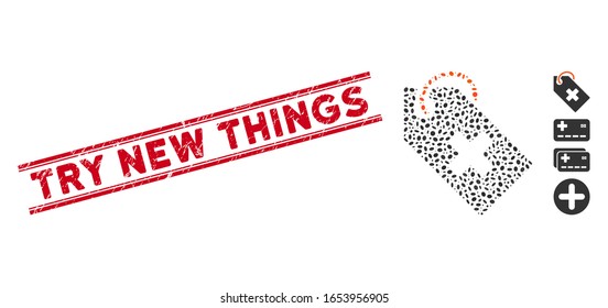 Distressed red stamp watermark with Try New Things phrase inside double parallel lines, and mosaic hospital tag icon.
