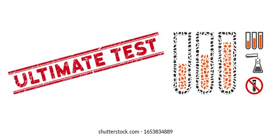 Distressed red stamp watermark with Ultimate Test text inside double parallel lines, and mosaic blood analysis icon.