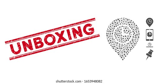 Distressed red stamp watermark with Unboxing phrase between double parallel lines, and mosaic time marker icon. Mosaic vector is formed with time marker icon and with scattered oval items.