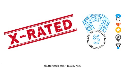 Distressed red stamp watermark with X-Rated phrase inside double parallel lines, and mosaic 5th place medal icon. Mosaic vector is created with 5th place medal icon and with randomized ellipse items.