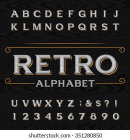 Distressed retro vector typeface. Letters, numbers and symbols on the dark wood textured background. Alphabet font for labels, headlines, posters etc.