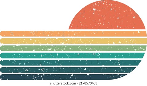 Distressed retro vintage sunset half-circle stripes abstract design on white background. This distressed vintage style horizontal stripes retro sunset is for print on demand, t-shirt design, book cove svg