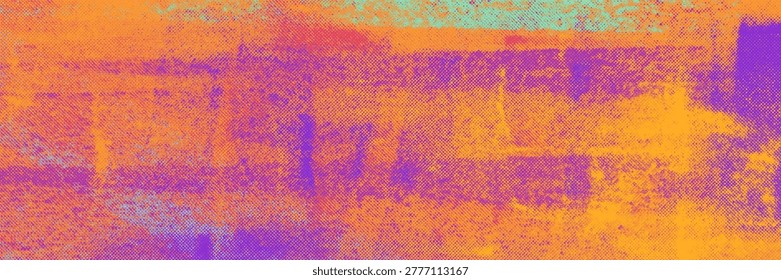 Distressed risograph texture background with analog printmaking effect. Banner template with halftone dot overlay texture. Bright orange, purple, yellow and pink ink roller grunge vector illustration