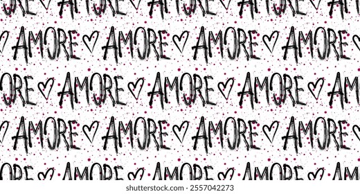 Distressed and romantic seamless pattern with the word 'amore' in a graffiti-inspired font. This grunge-inspired design is perfect for adding a touch of nostalgia to your projects. Y2k-inspired graffi