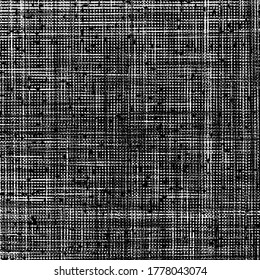 Distressed rough fabric texture. Thick canvas with holes from place to place. Graphics in black and white.