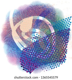 Distressed round multicolor background with spots, scratches and nets. Abstract vector illustration
