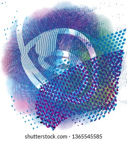 Distressed round multicolor background with spots, scratches and nets. Abstract vector illustration