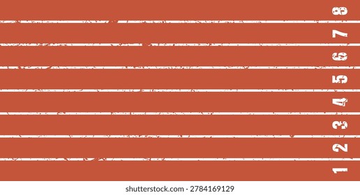Distressed running track lanes with worn numbers and textured white markings, suitable for athletics themes, sport graphics, race concepts, motivation designs and training-related visuals.