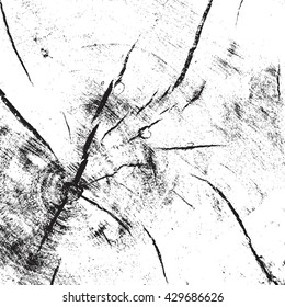 Distressed Sawed Wood Overlay Texture. Annual Ring Wooden Texture. Empty Grunge Design Element. Sawed Trunk With Cracks. EPS10 vector.