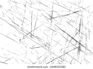 Distressed scratched line texture vector. Grunge overlay background with edgy chaotic strokes. Black abstract scratch effect on white surface.
