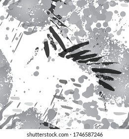 Patrón sin soldadura angustiado. Concepto de moda. Impresión por problemas. Ilustración en blanco y negro. Textil de superficie de glamur. Manchas De Tinta. Pintura de pulverización. Splash Blots. Fondo artístico de vectores creativos.