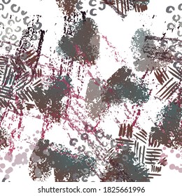 Distressed Seamless Pattern. Fashion Concept. Distress Print. Bordo, Pink Illustration. Graffiti Surface Textile. Ink Stains. Spray Paint. Splash Blots. Artistic Creative Vector Background.