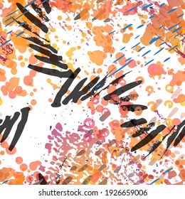 Distressed Seamless Pattern. Fashion Concept. Distress Print. Bordo, Pink Illustration. Summer Surface Textile. Ink Stains. Spray Paint. Splash Blots. Artistic Creative Vector Background.