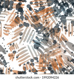 Distressed Seamless Pattern. Fashion Concept. Distress Print. Ochra, Sepia Illustration. Modern Surface Textile. Ink Stains. Spray Paint. Splash Blots. Artistic Creative Vector Background.